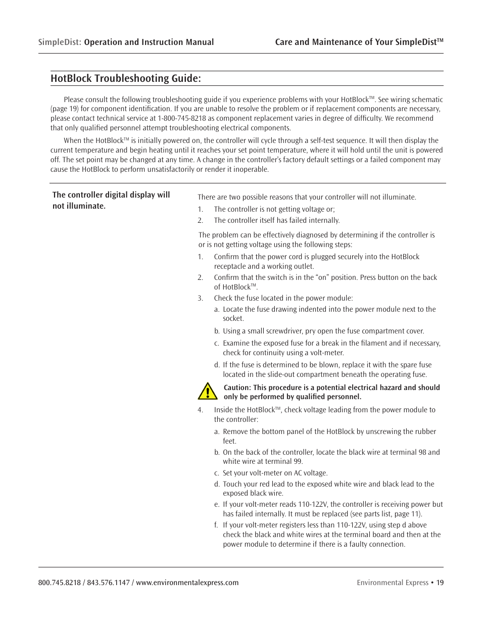 Hotblock troubleshooting guide | Environmental Express SimpleDist User Manual | Page 21 / 24