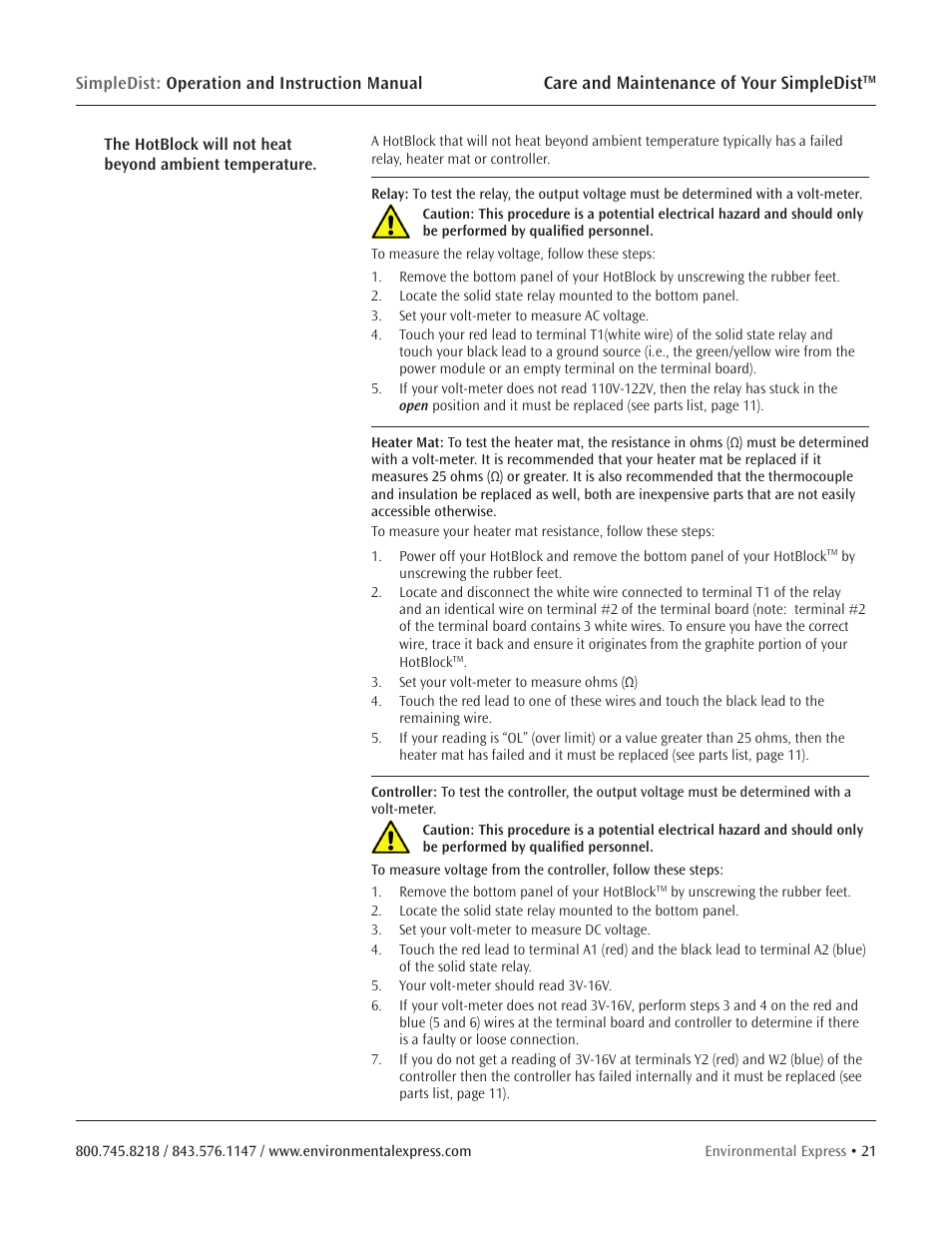 Care and maintenance of your simpledist | Environmental Express SimpleDist User Manual | Page 23 / 24