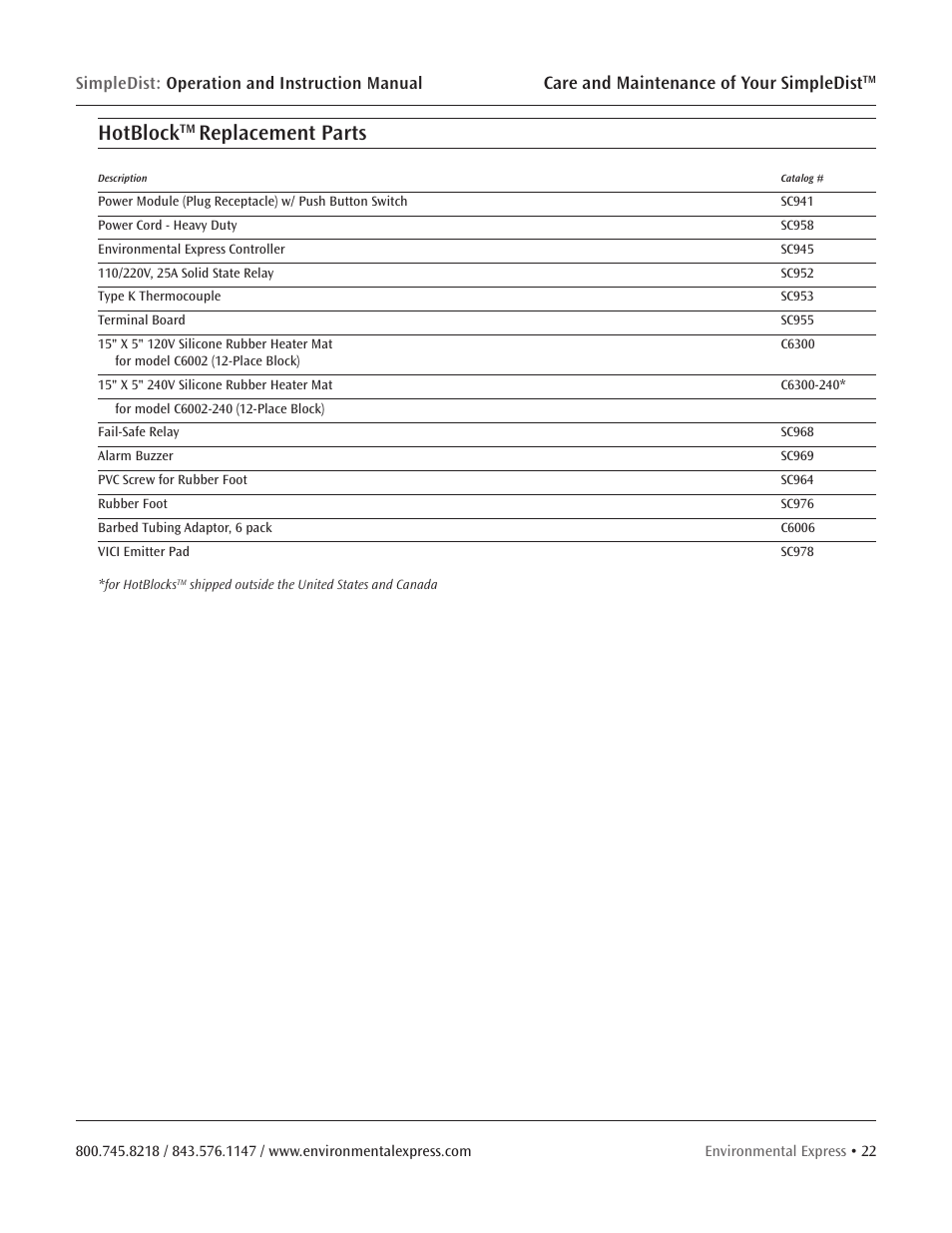 Hotblock, Replacement parts, Care and maintenance of your simpledist | Environmental Express SimpleDist User Manual | Page 24 / 24