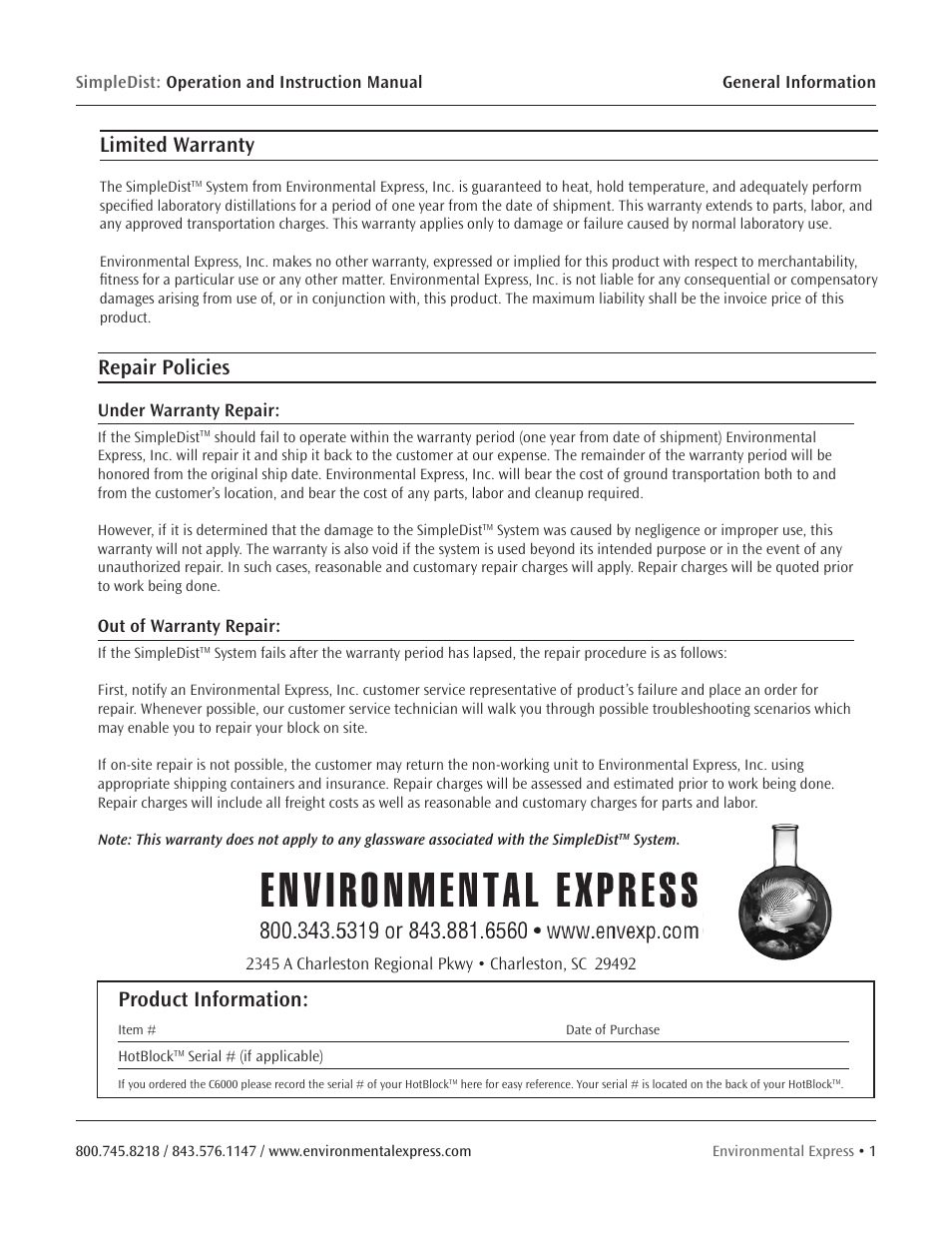 Limited warranty, Product information, Repair policies | Environmental Express SimpleDist User Manual | Page 3 / 24