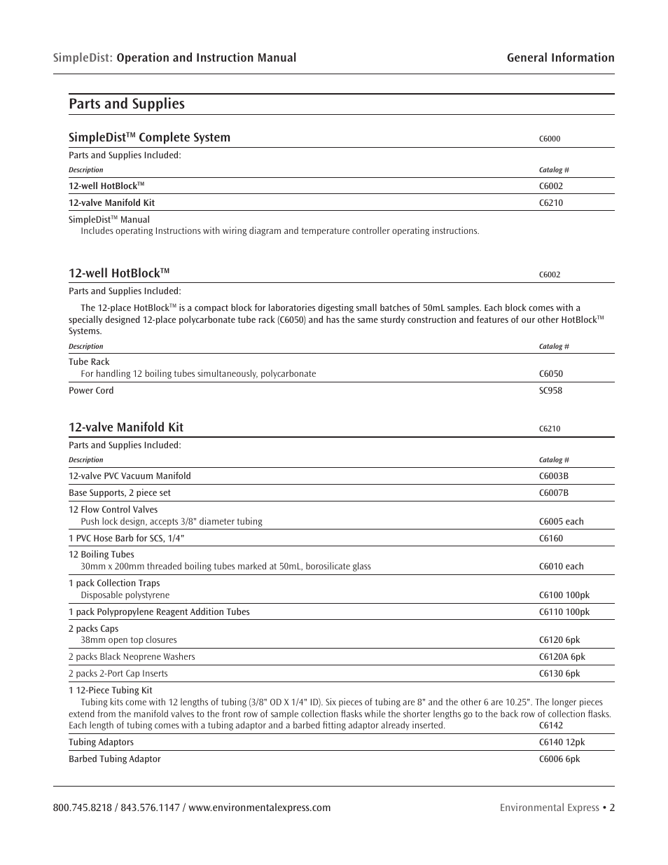 Parts and supplies, Simpledist, Complete system | Well hotblock, Valve manifold kit | Environmental Express SimpleDist User Manual | Page 4 / 24