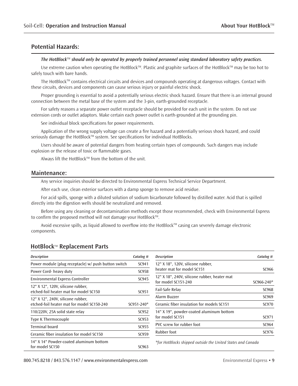 Potential hazards, Maintenance, Hotblock | Replacement parts | Environmental Express Soil-Cell User Manual | Page 11 / 15