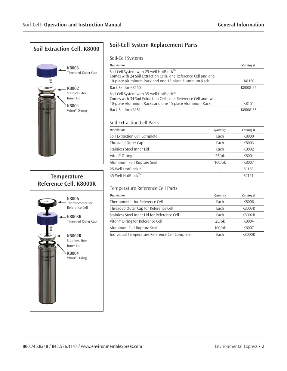 Soil-cell system replacement parts, Soil extraction cell, k8000, Temperature reference cell, k8000r | Environmental Express Soil-Cell User Manual | Page 4 / 15