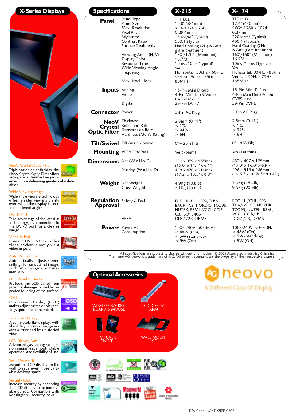 Optional accessories x-series displays panel, X-174, X-215 | AG Neovo X-215 User Manual | Page 2 / 2