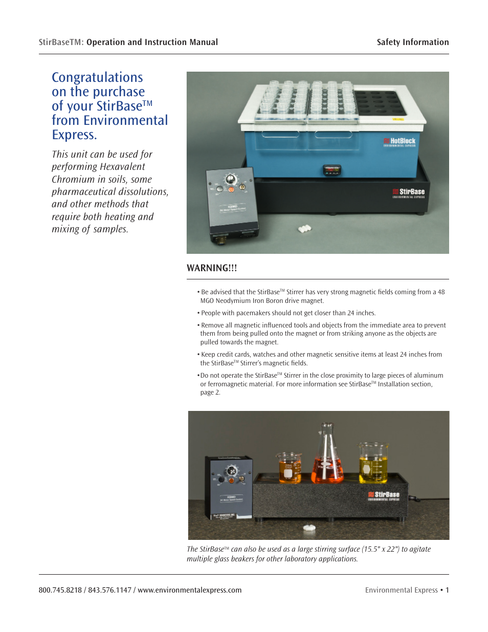 Warning | Environmental Express StirBase User Manual | Page 3 / 7