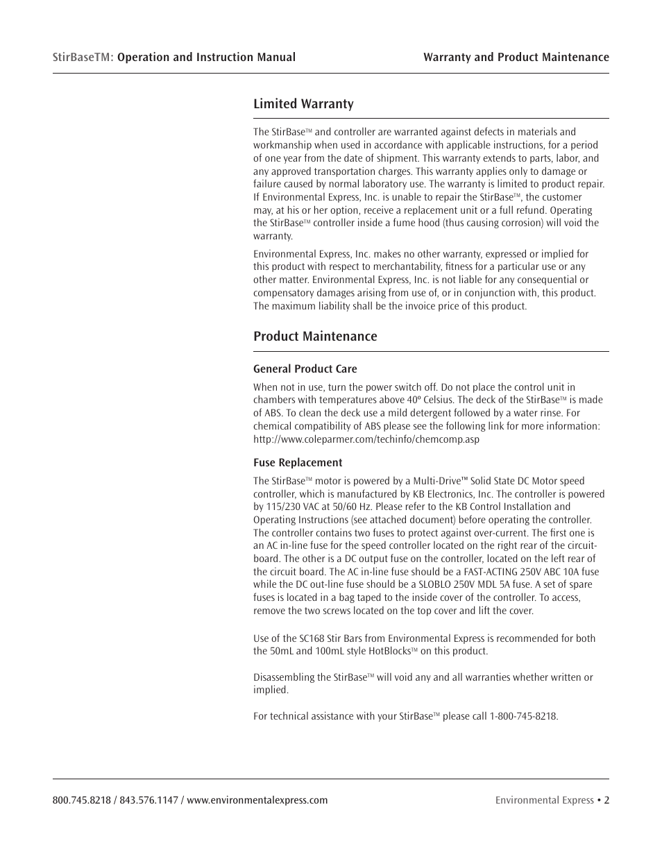 Limited warranty, Product maintenance | Environmental Express StirBase User Manual | Page 4 / 7
