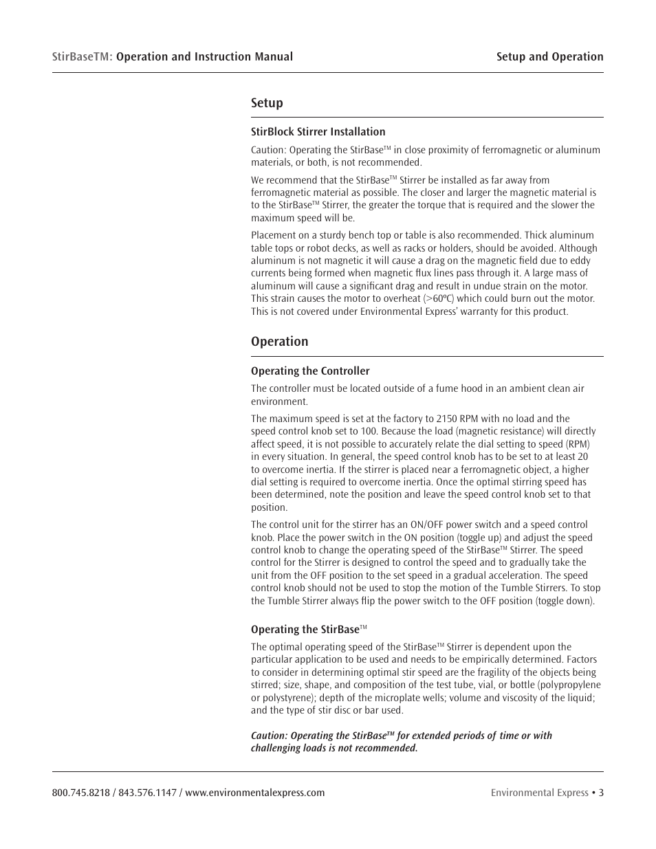 Setup, Operation | Environmental Express StirBase User Manual | Page 5 / 7