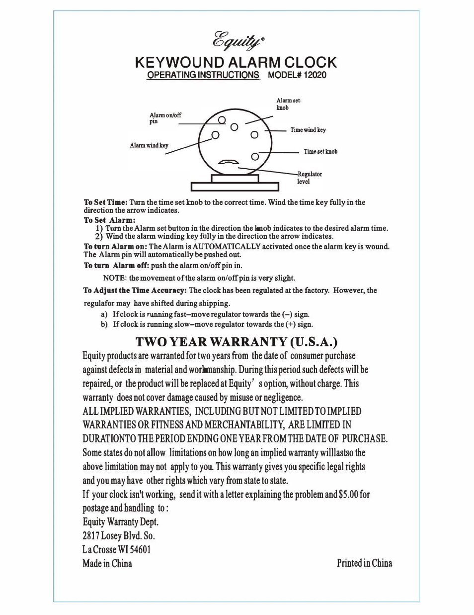 Equity by La Crosse 12020 Analog Wind-Up Bell Alarm Clock User Manual | 1 page