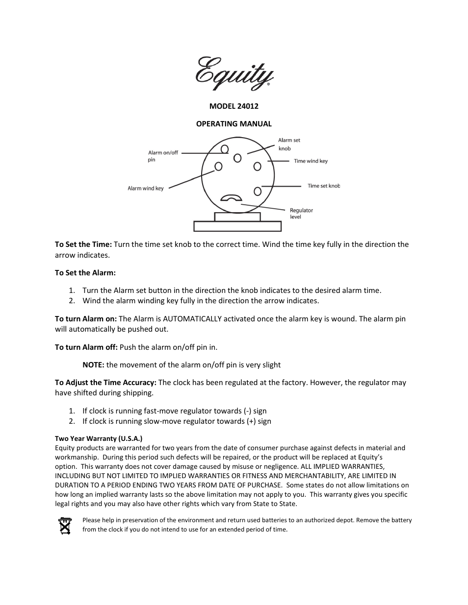 Equity by La Crosse 24014 Analog Wind-Up Loud Bell Alarm Clock User Manual | 2 pages