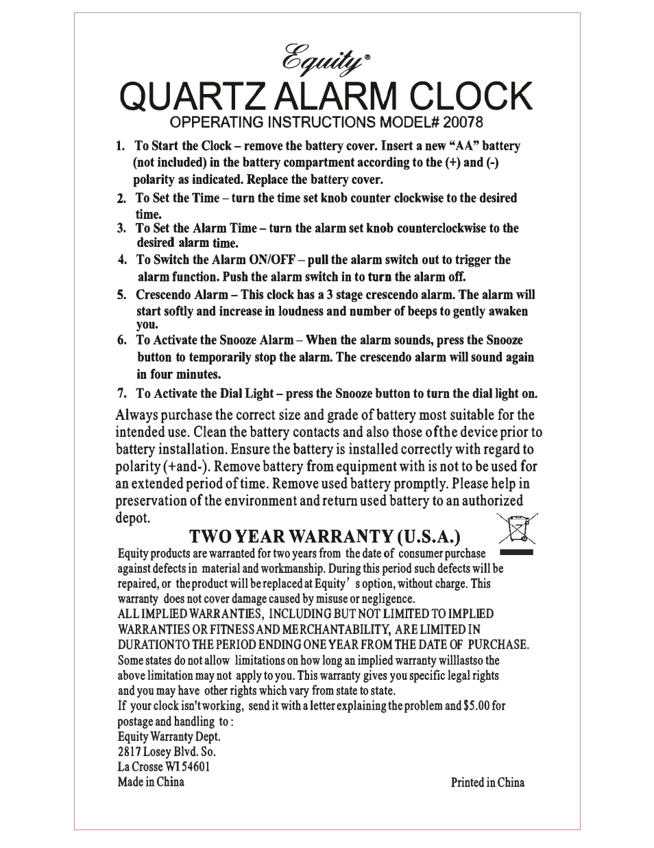Equity by La Crosse 20078 Quartz Travel Alarm User Manual | 1 page