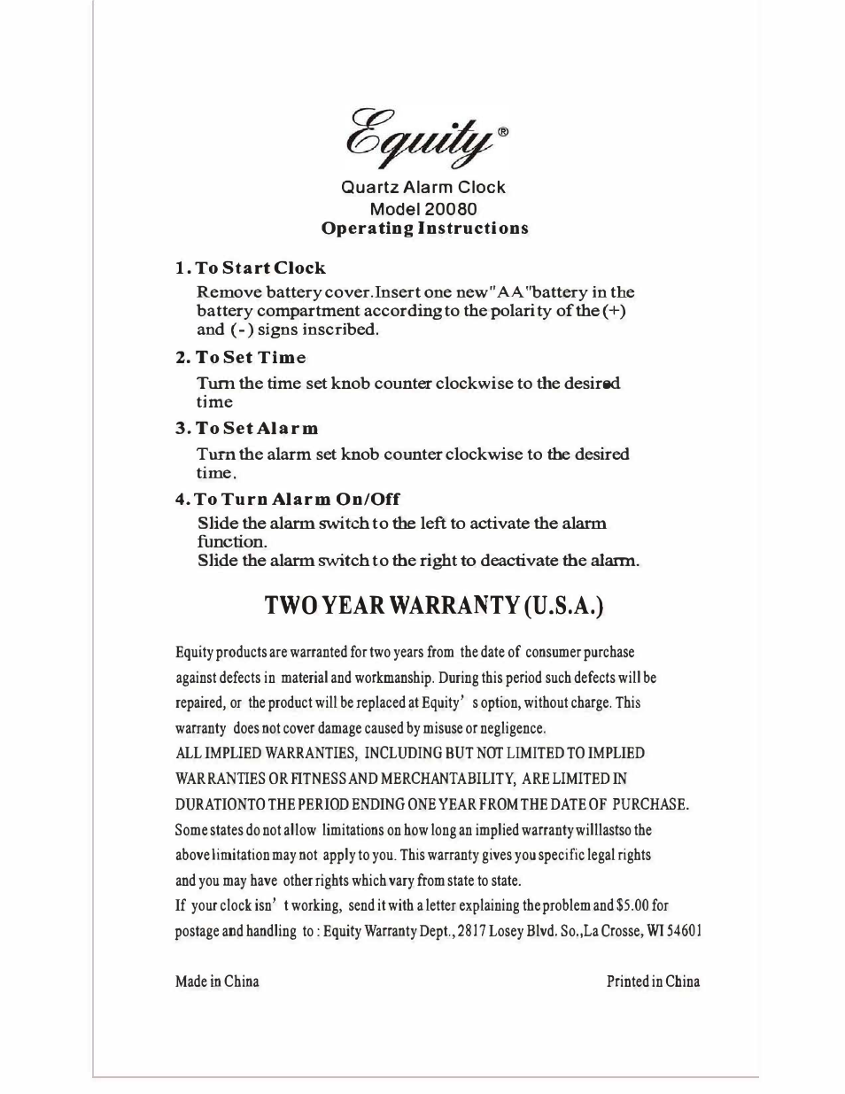 Equity by La Crosse 20080 Quartz Folding Travel Alarm User Manual | 1 page