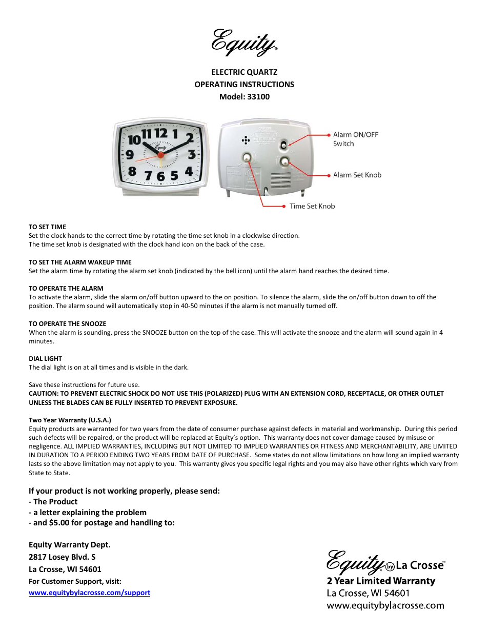 Equity by La Crosse 33100 Electric Analog Alarm Clock User Manual | 1 page