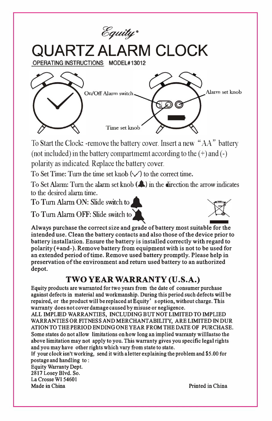 Equity by La Crosse 13014 Analog Quartz Clock User Manual | 1 page