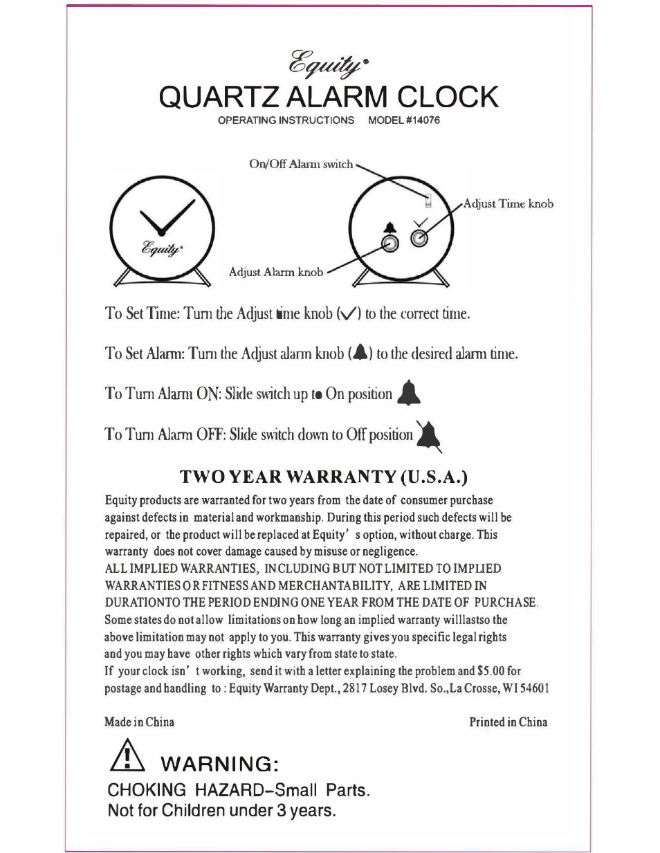 Equity by La Crosse 14076 Analog Quartz Alarm User Manual | 1 page