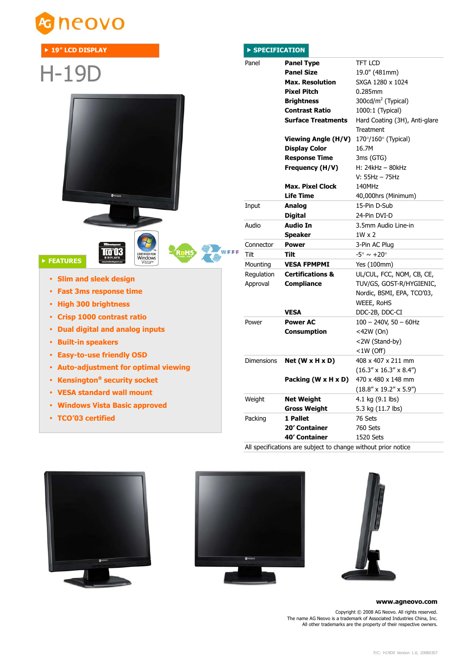 AG Neovo H-19 User Manual | 1 page