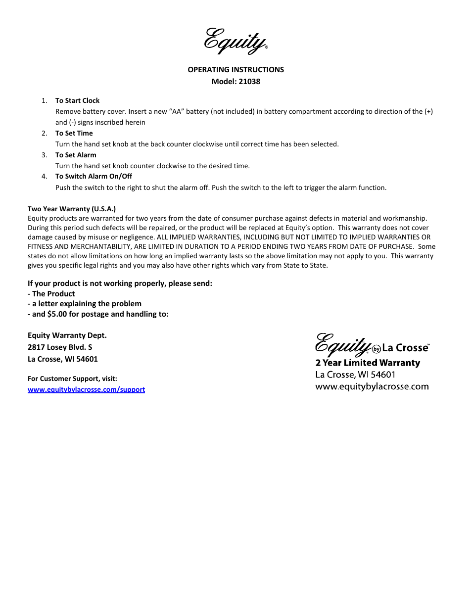 Equity by La Crosse 21038 Clear Quartz Alarm Clock User Manual | 1 page
