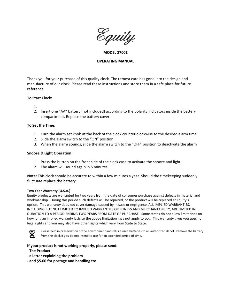 Equity by La Crosse 27001 Black Analog Alarm Clock User Manual | 2 pages