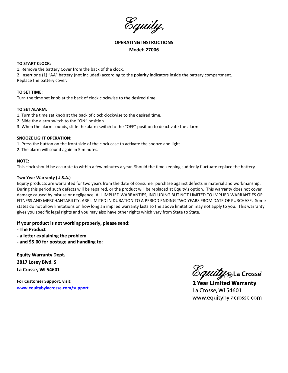 Equity by La Crosse 27006 Quartz Alarm Clock User Manual | 1 page