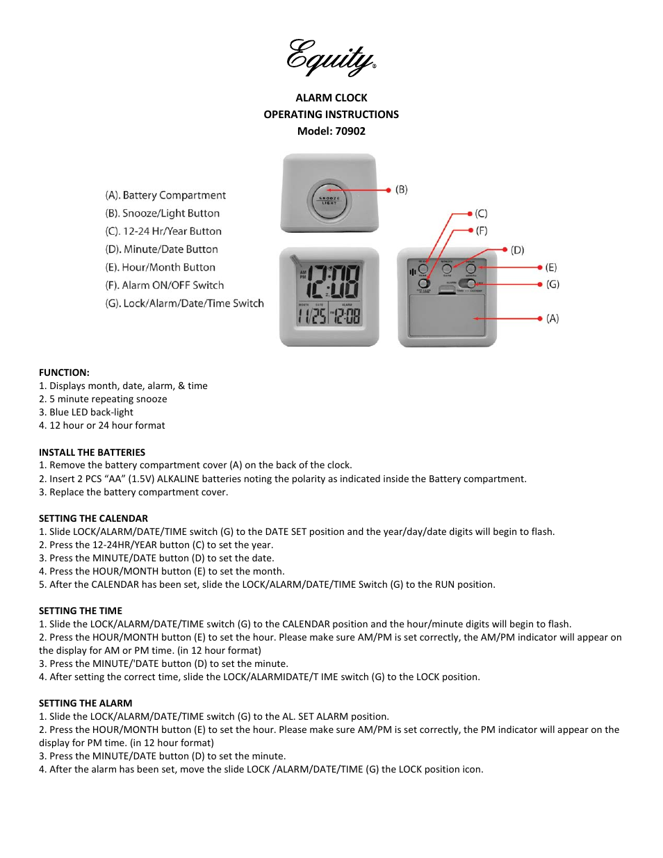 Equity by La Crosse 70902 Soft Cube LCD Alarm Clock User Manual | 2 pages