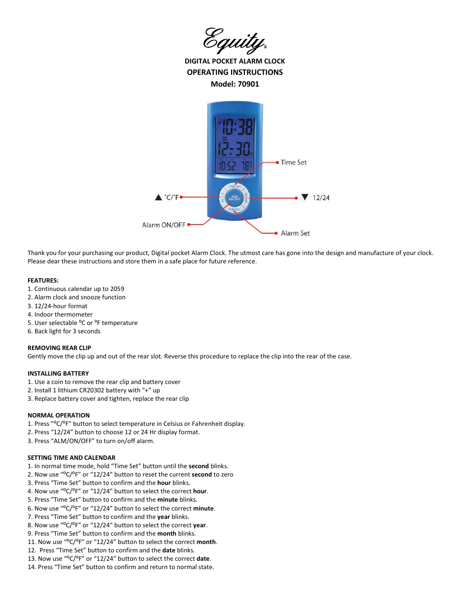 Equity by La Crosse 70897 Digital Pocket Alarm User Manual | 2 pages