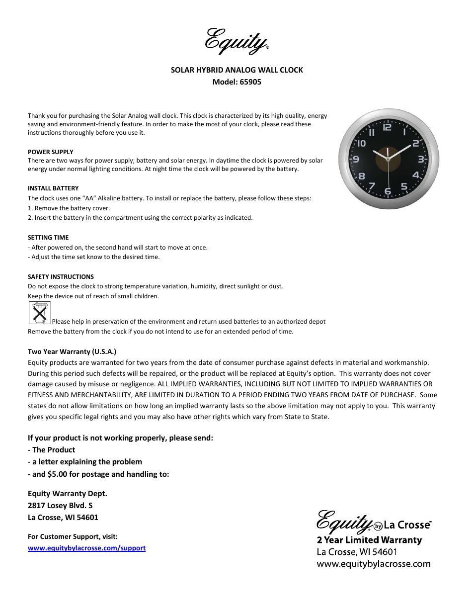 Equity by La Crosse 65905 Solar 12 Analog Wall Clock User Manual | 1 page