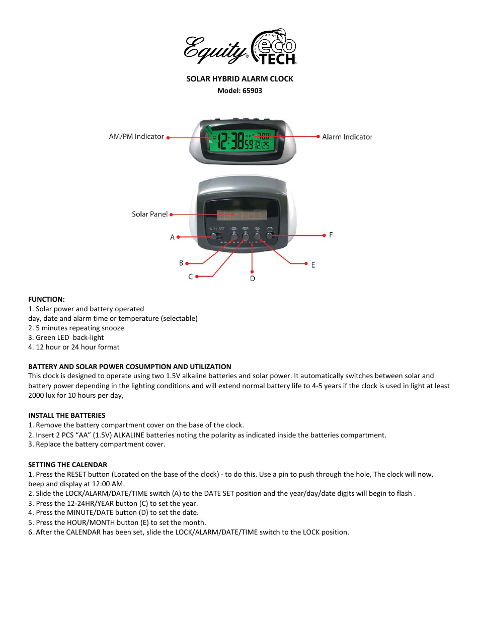 Equity by La Crosse 65903 Solar Desktop LCD Alarm User Manual | 2 pages