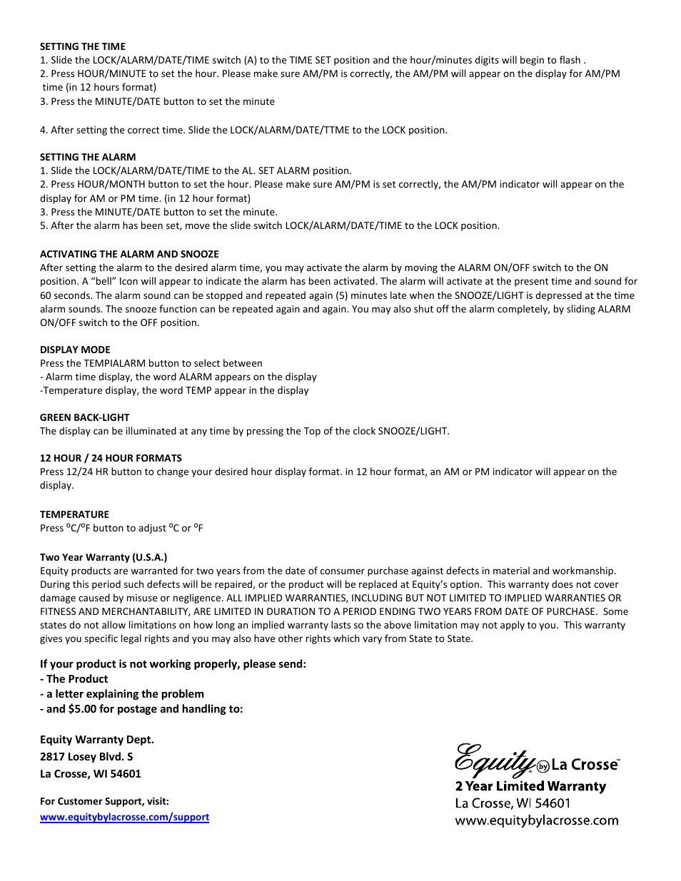 Equity by La Crosse 65903 Solar Desktop LCD Alarm User Manual | Page 2 / 2