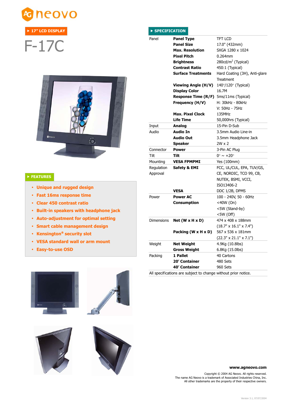 AG Neovo F-17C User Manual | 1 page