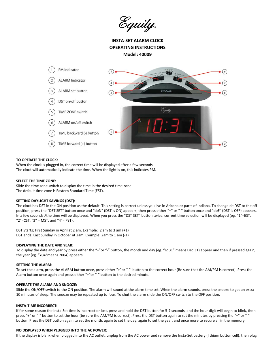 Equity by La Crosse 40009 Insta-Set Digital Alarm Clock User Manual | 2 pages