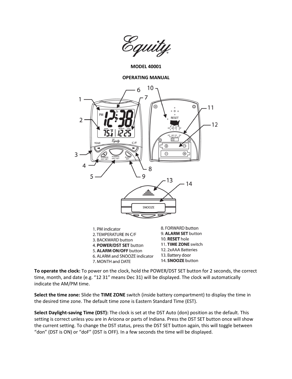 Equity by La Crosse 40001 Insta-Set Alarm with Temperature User Manual | 3 pages
