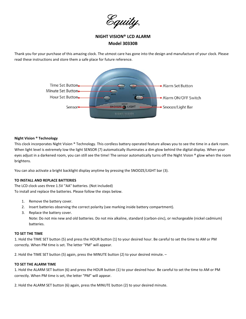 Equity by La Crosse 30330 Digital Alarm Clock with Night Vision Technology User Manual | 2 pages