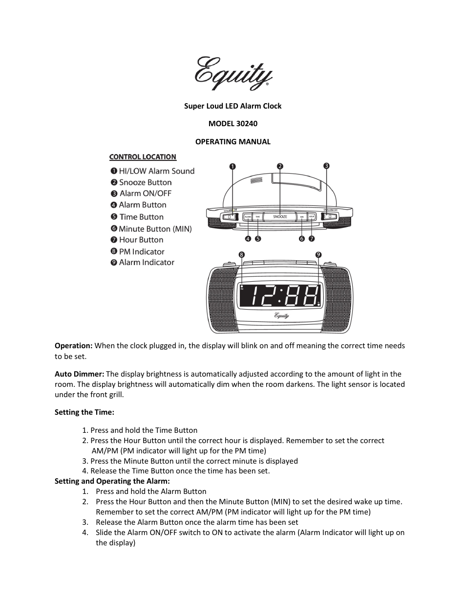 Equity by La Crosse 30240 Super Loud LED Alarm Clock User Manual | 2 pages