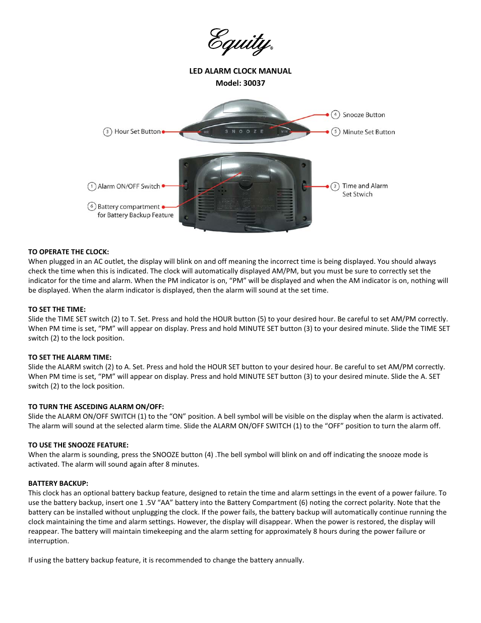 Equity by La Crosse 30037 Extra-Large LED Alarm Clock User Manual | 2 pages