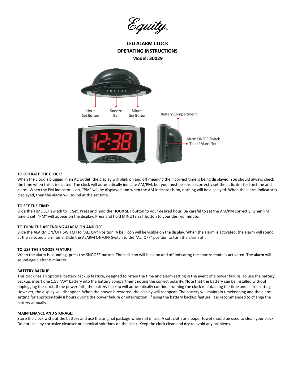 Equity by La Crosse 30029 Large LED Alarm Clock User Manual | 2 pages
