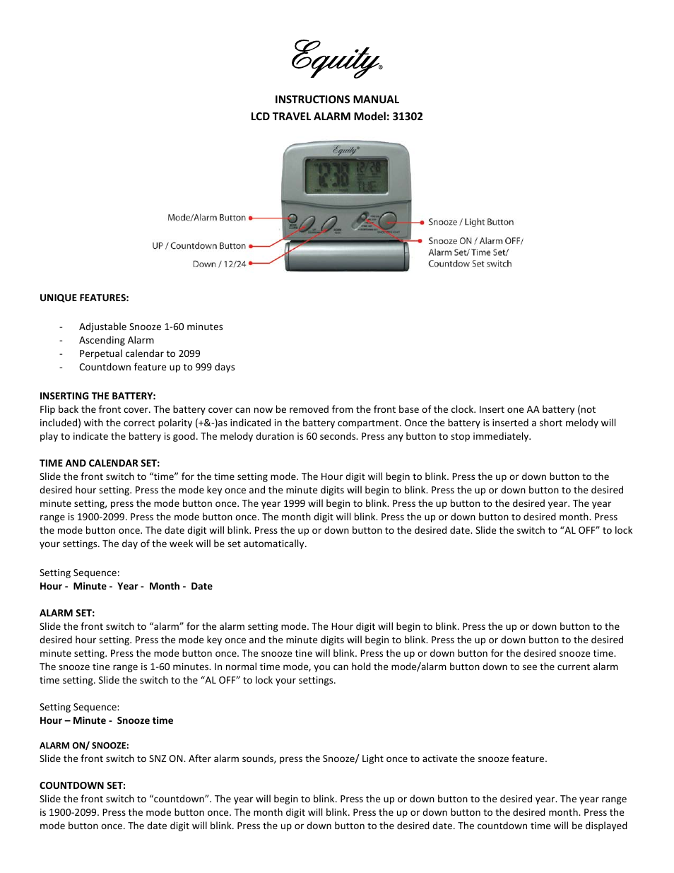 Equity by La Crosse 31302 LCD Digital Fold-Up Travel Alarm User Manual | 2 pages