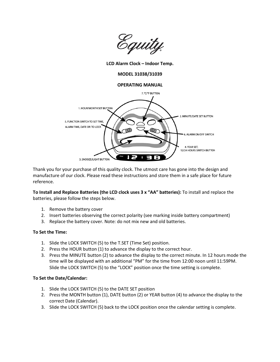 Equity by La Crosse 31038 Digital Alarm with Temperature User Manual | 3 pages