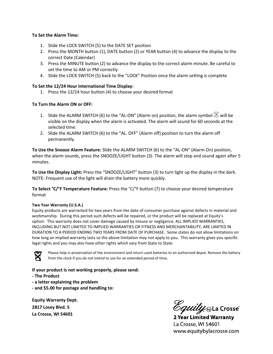 Equity by La Crosse 31038 Digital Alarm with Temperature User Manual | Page 2 / 3