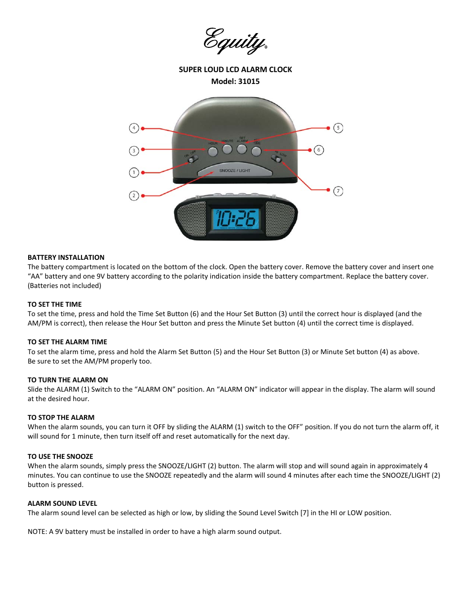 Equity by La Crosse 31015 Super-Loud Digital Alarm Clock User Manual | 2 pages