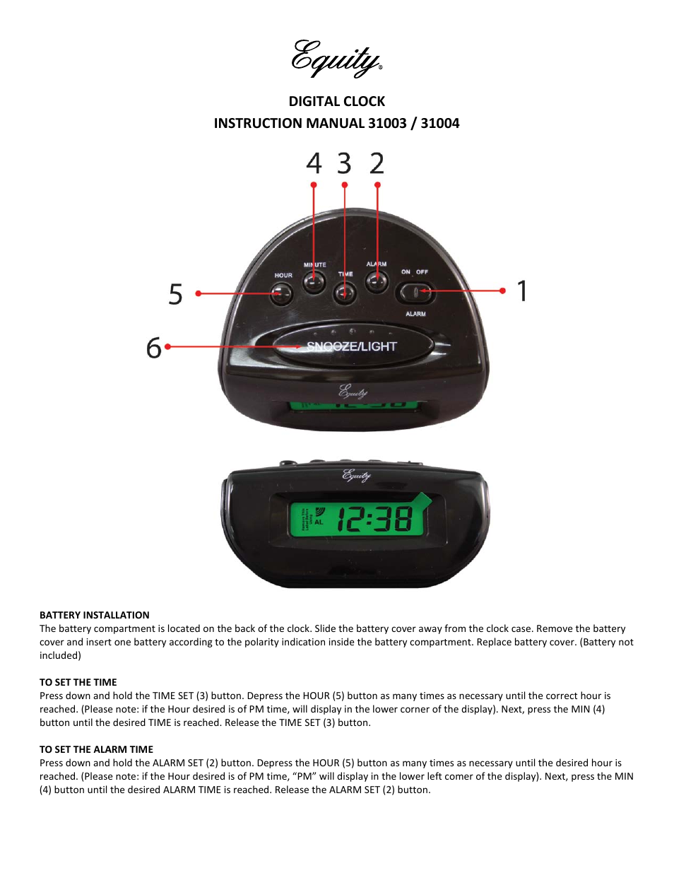 Equity by La Crosse 31003 Digital Alarm Clock User Manual | 2 pages