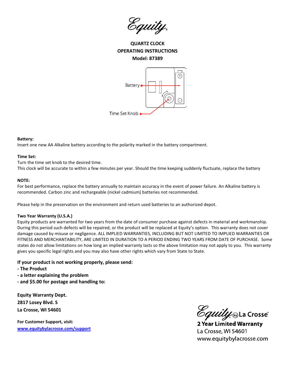 Equity by La Crosse 27233 20 Wall Clock User Manual | 1 page