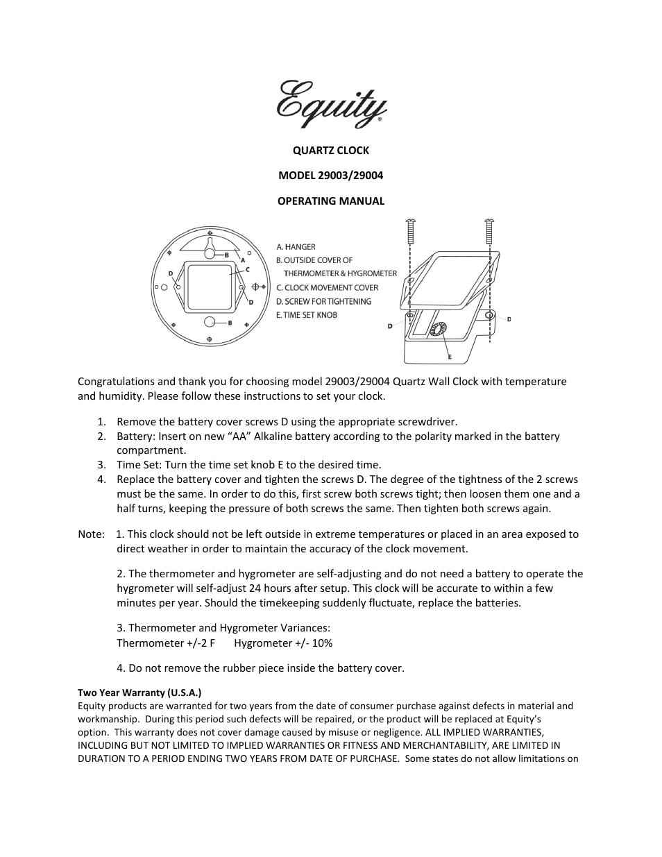 Equity by La Crosse 29003 10 Thermometer & Humidity Wall Clock User Manual | 2 pages