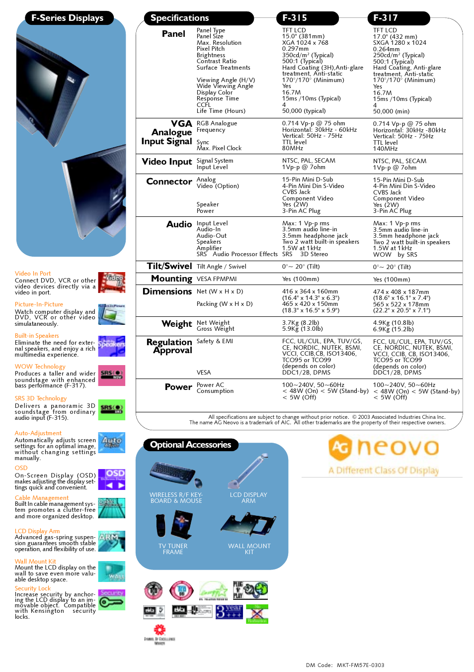 Optional accessories f-series displays panel | AG Neovo SeriesPLUS Display F-317 User Manual | Page 2 / 2