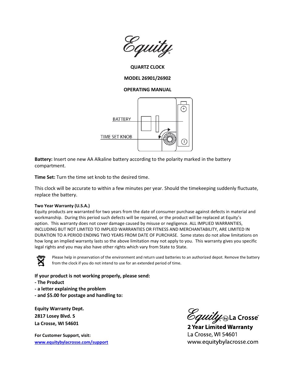 Equity by La Crosse 26901 10 Metal Wall Clock User Manual | 1 page