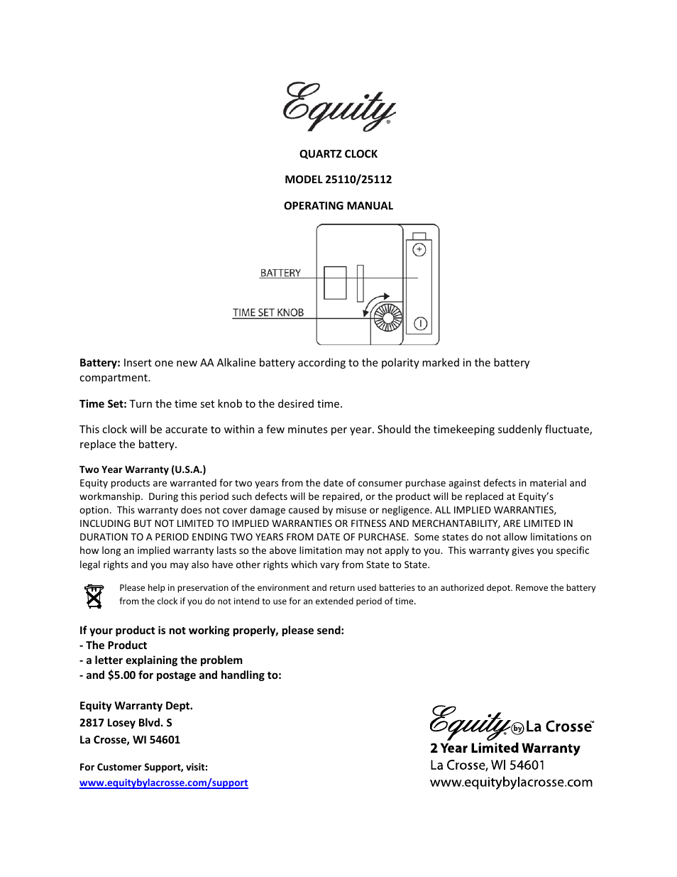 Equity by La Crosse 25110 Wooden Mantel Clock User Manual | 1 page