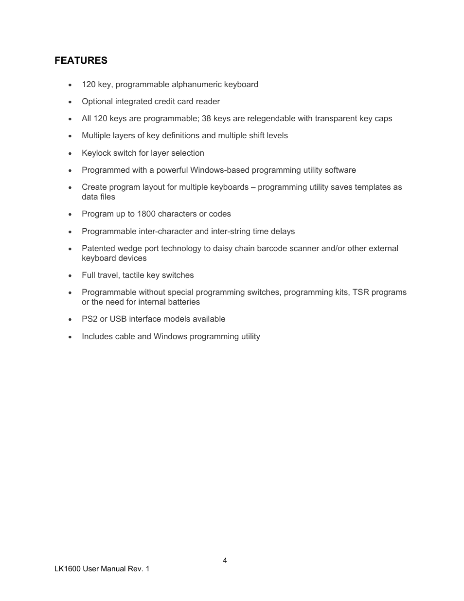 Features | Logic Controls LK1600 User Manual | Page 4 / 26