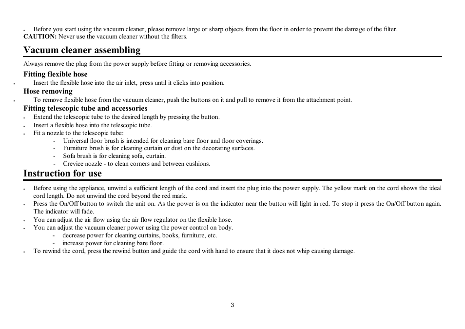 Vacuum cleaner assembling, Instruction for use, Fitting flexible hose | Hose removing, Fitting telescopic tube and accessories | Hyundai H-VC1584 User Manual | Page 3 / 9