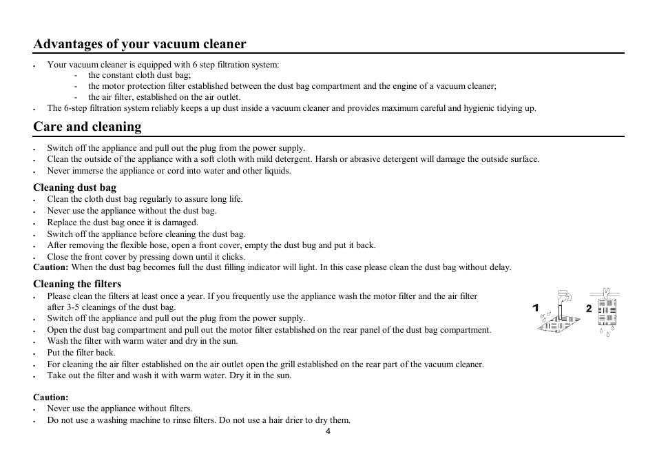 Advantages of your vacuum cleaner, Care and cleaning, Cleaning dust bag | Cleaning the filters | Hyundai H-VC1584 User Manual | Page 4 / 9