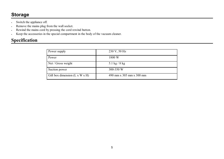 Storage, Specification | Hyundai H-VC1584 User Manual | Page 5 / 9