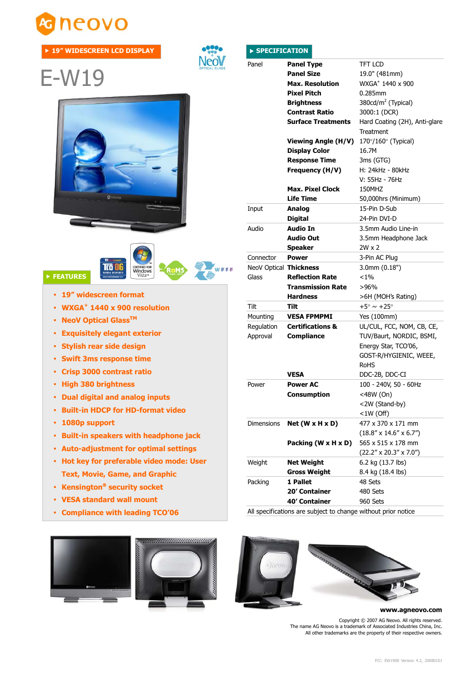 AG Neovo 19" Widescreen LCD Display E-W19 User Manual | 1 page