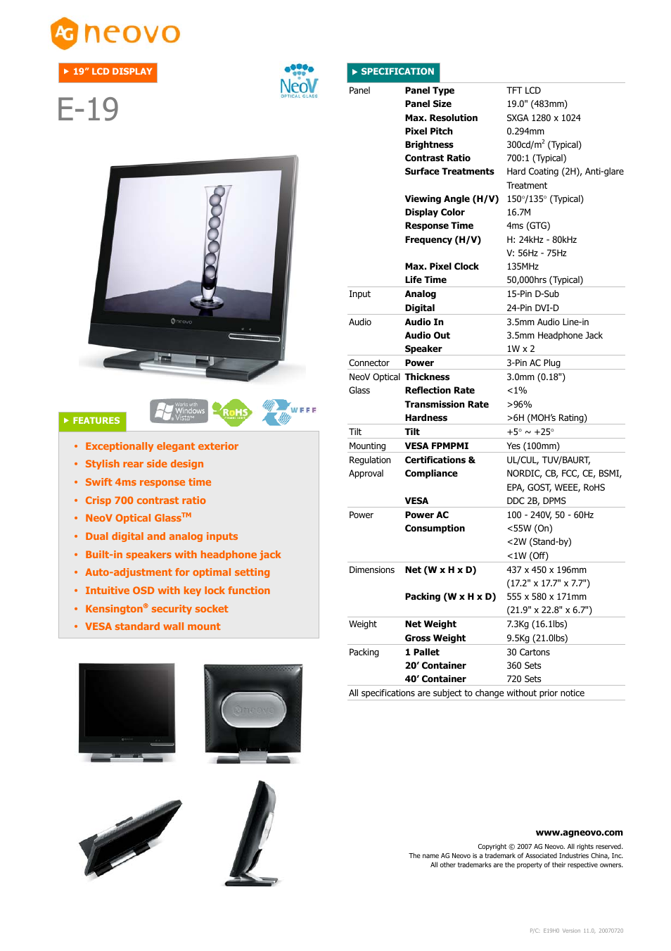 AG Neovo E-19 User Manual | 1 page